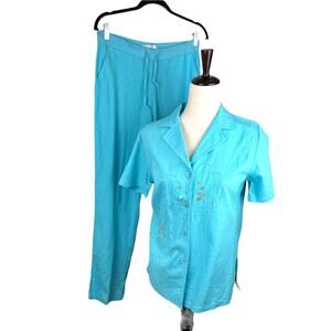 NEW Casual Land Linen Blend Aqua Bead Embellished Linen Blend Pant Suit Size S